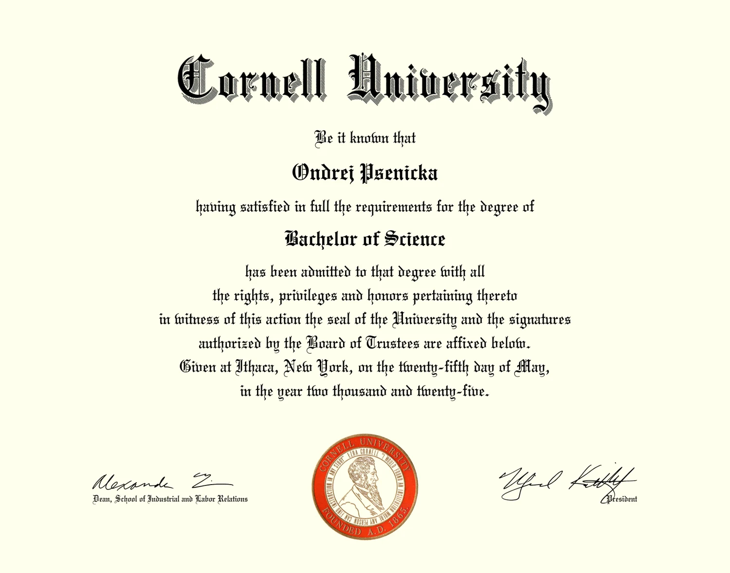 Diplom Cornell University Ondřeje Pšeničky