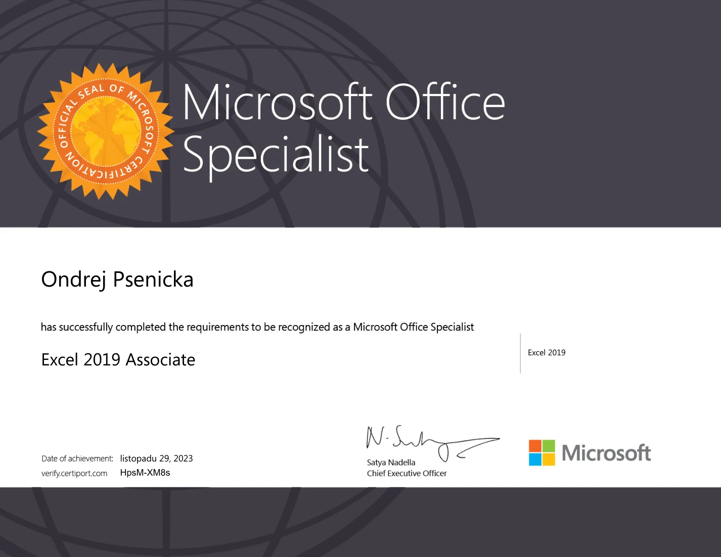 Certifikát Microsoft Office Specialist Excel 2019 Associate