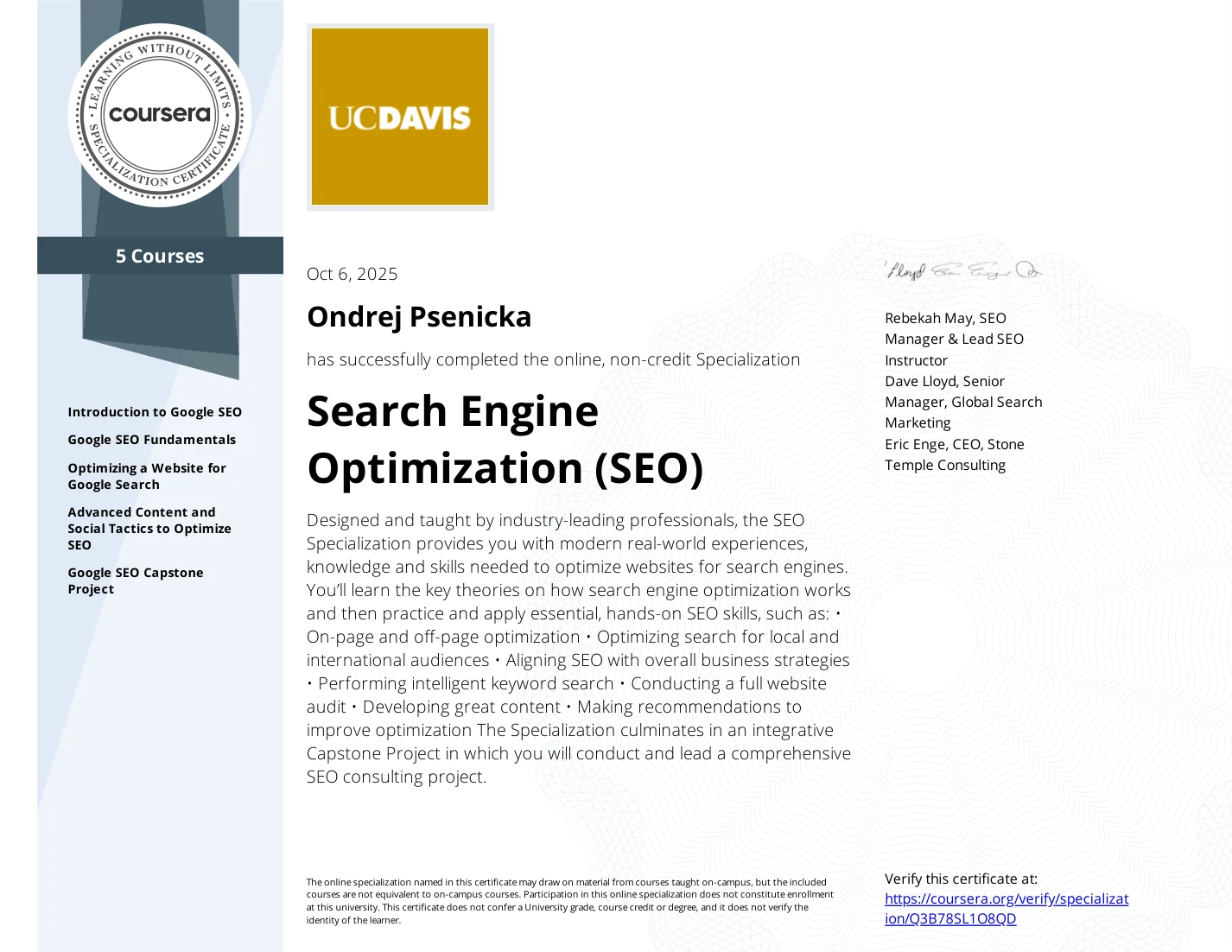 Certifikát UC Davis SEO Specialization